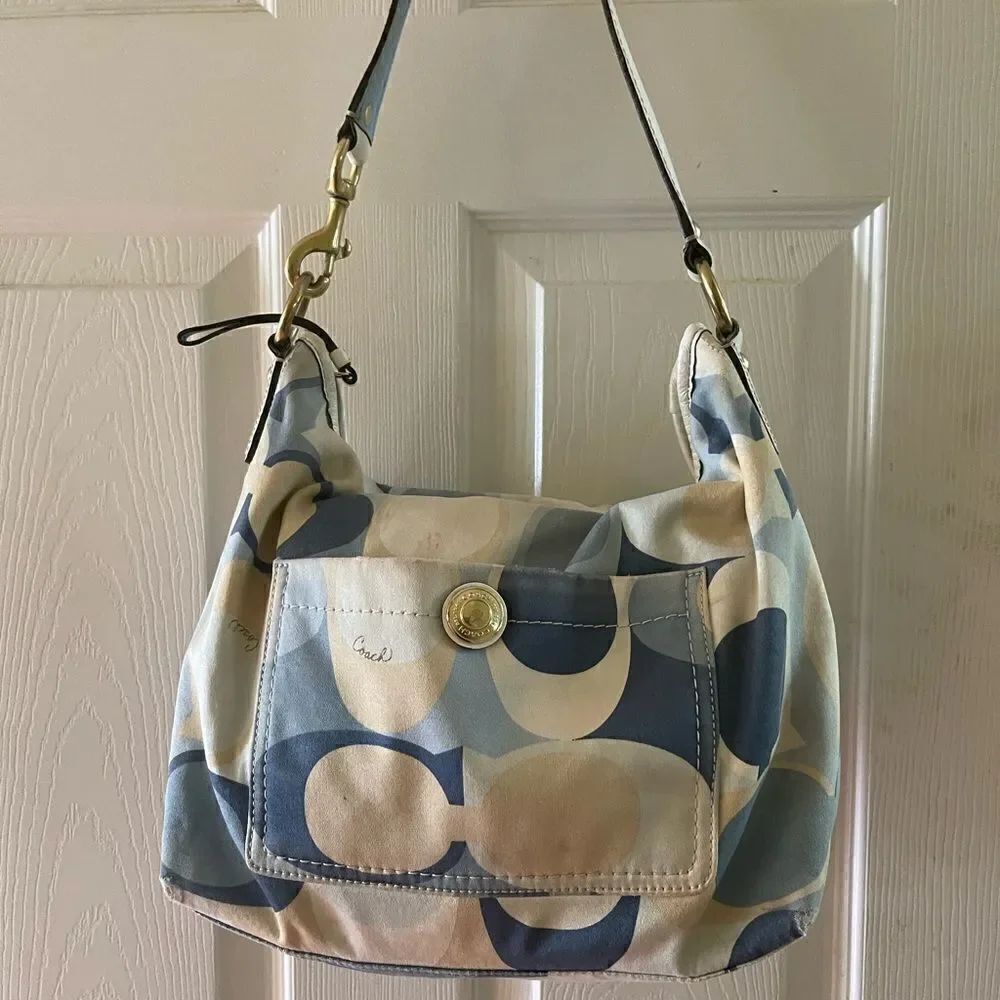 Coach Signature Nylon Blue Scarf Print Hobo Bag 11734 Leather strap and trim.